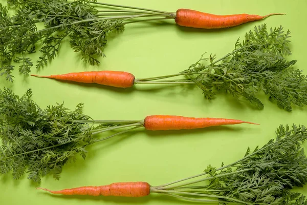 Stock image Fresh carrots with leaves on green background