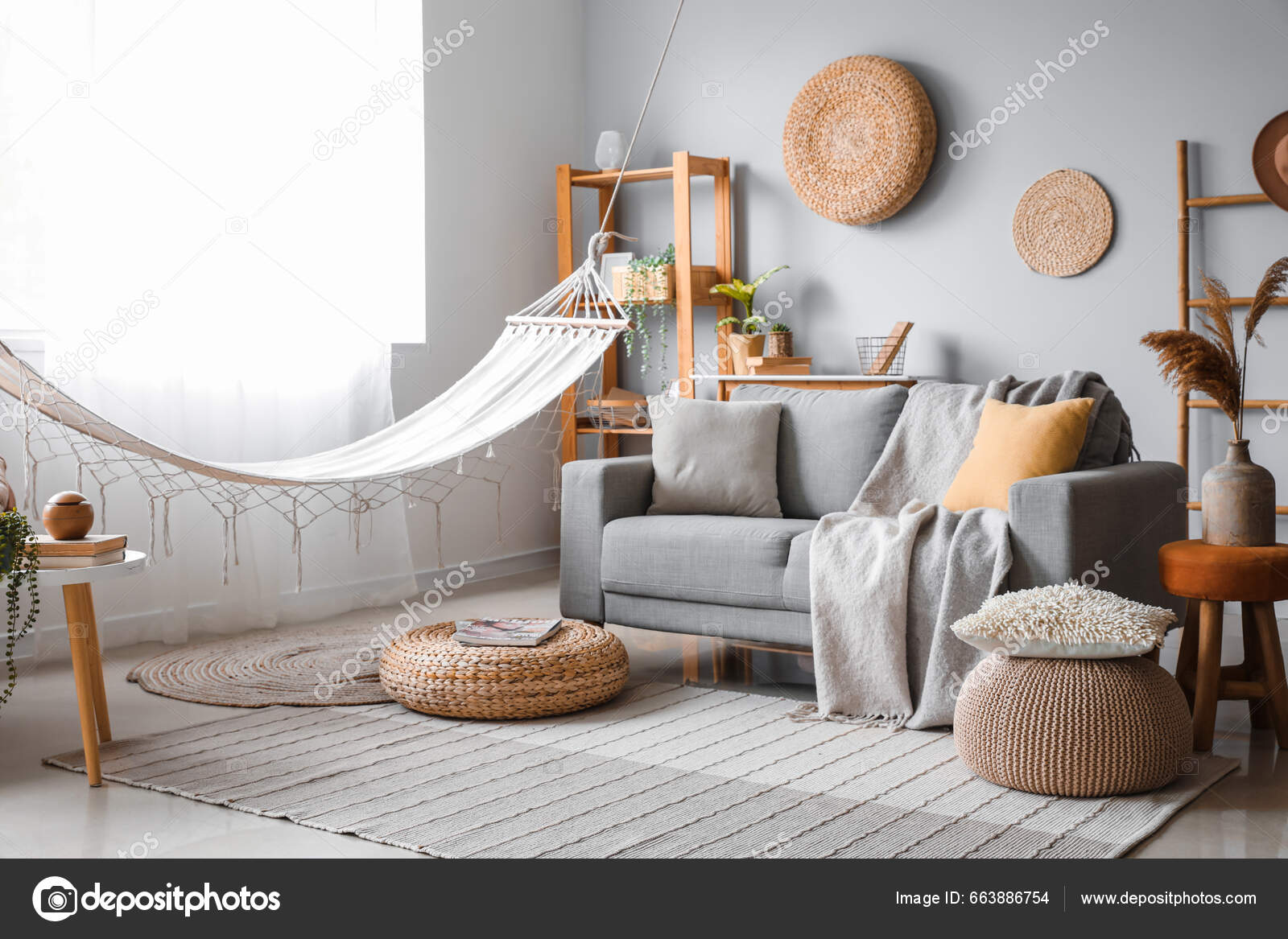 Interior Light Living Room Hammock Grey Sofa Stock Photo by ©serezniy  663886754