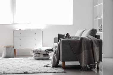 Aydınlık oturma odasının içinde modern dizüstü bilgisayarı olan rahat gri kanepe.