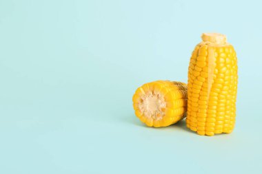Mavi arkaplanda taze mısır koçanı kes