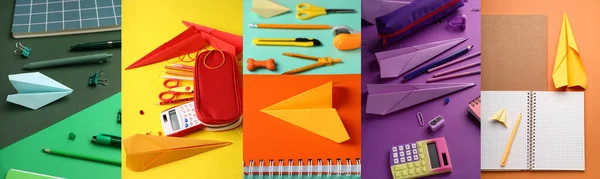 彩色背景的学习用品和纸飞机组 — 图库照片