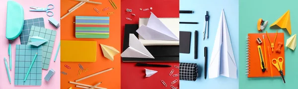 一套彩色背景的学习用品和纸飞机 — 图库照片