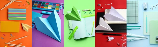 Collage School Supplies Paper Planes Color Background — Stock Photo, Image