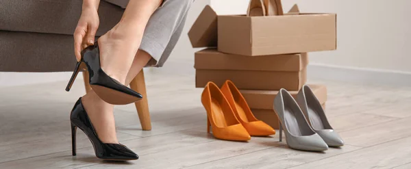 Woman Trying Stylish High Heeled Shoes Store — Stock Photo, Image