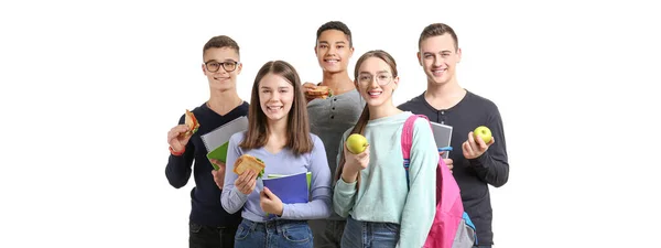Группа Учеников Вкусным Обедом Белом Фоне — стоковое фото