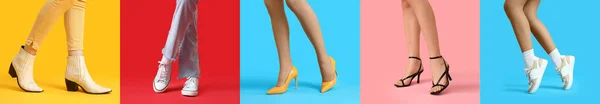 Renkli Arka Planda Farklı Şık Ayakkabılar Giymiş Kadın Bacakları Koleksiyonu — Stok fotoğraf