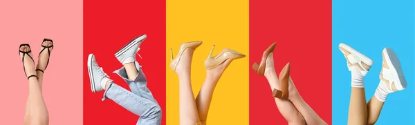 Collage Piernas Femeninas Diferentes Zapatos Con Estilo Sobre Fondo Color —  Fotos de Stock