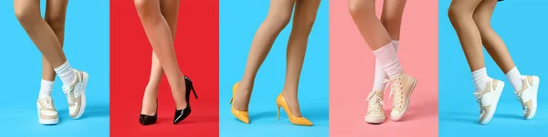 Collage Jambes Féminines Dans Différentes Chaussures Élégantes Sur Fond Couleur — Photo