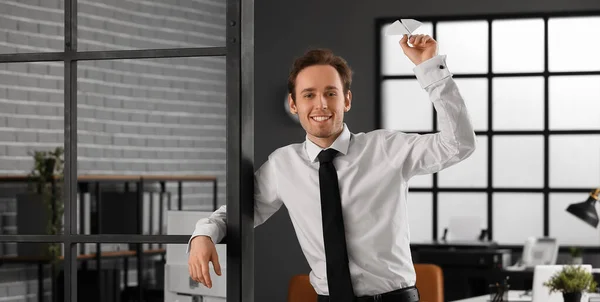 Happy Young Businessman Throwing Paper Plane Office — Stock Photo, Image
