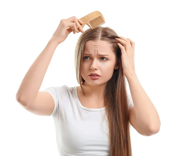 Inquiète Jeune Femme Avec Problème Perte Cheveux Sur Fond Blanc — Photo
