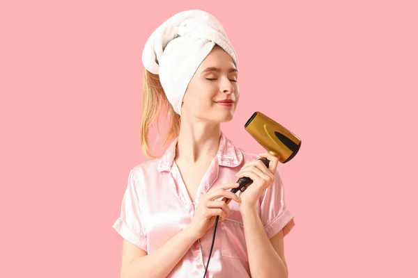 Young Woman Towel Hair Dryer Pink Background — Stock Photo, Image