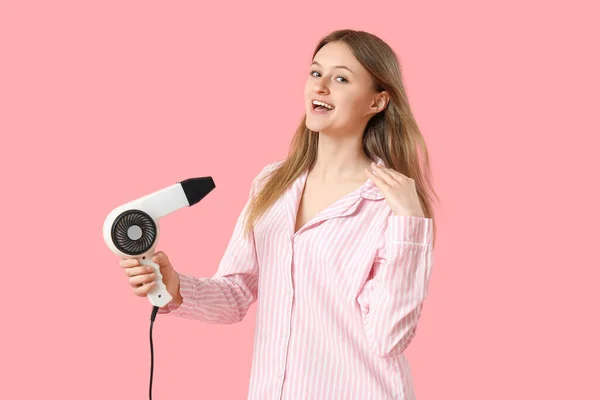 Beautiful Young Woman Hair Dryer Pink Background — Stock Photo, Image