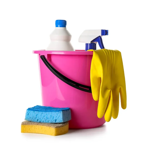 Bucket Different Cleaning Supplies White Background — Stock Photo, Image
