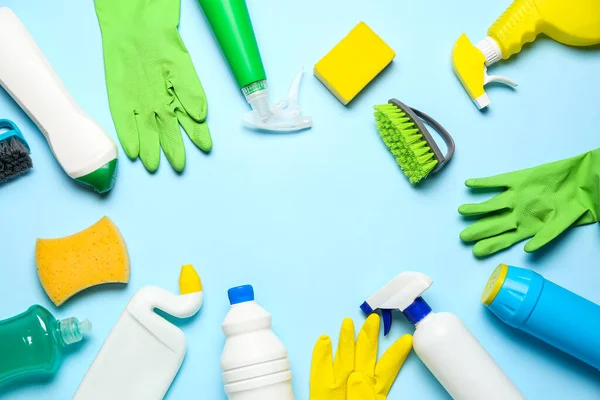 Frame Made Different Cleaning Supplies Blue Background — Stock Photo, Image