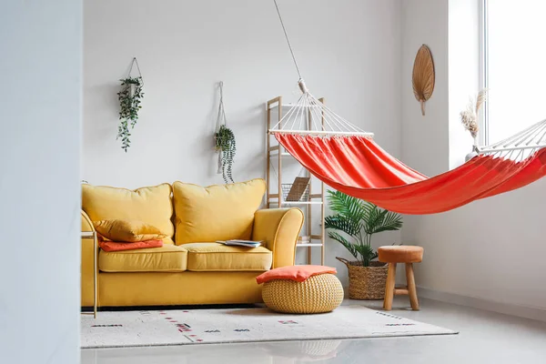 Interior Stylish Living Room Red Hammock Yellow Sofa View Hallway — Stock Photo, Image