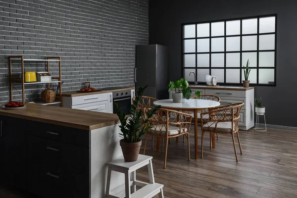 Interior Cozinha Moderna Com Mesa Jantar Plantas Sala Fogão Cozinha — Fotografia de Stock