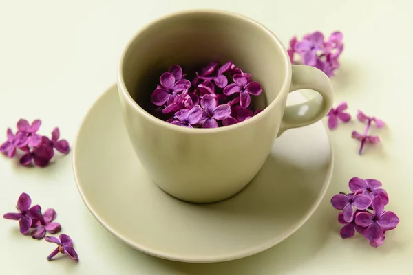 stock image Cup with beautiful lilac flowers on beige background, closeup