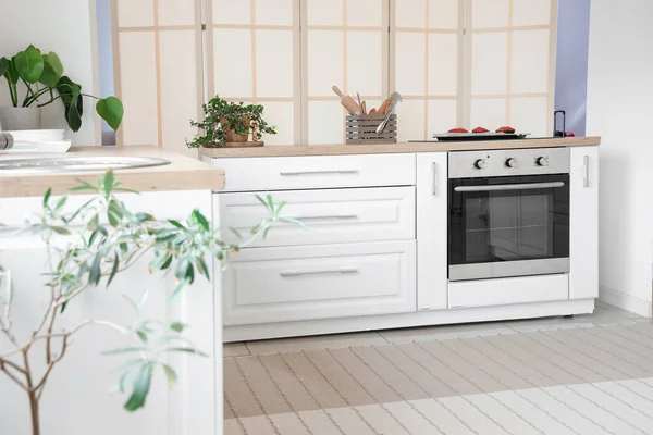 Interieur Van Lichte Keuken Met Elektrische Oven Witte Toonbanken — Stockfoto