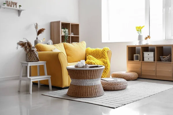 Interior Light Living Room Stylish Yellow Sofa Coffee Table Wicker — Stock Photo, Image