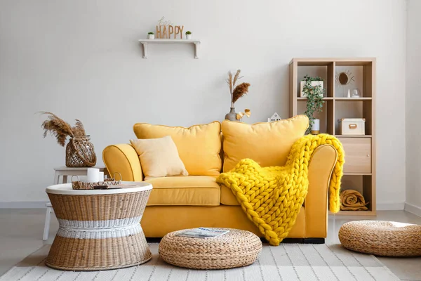 Interior Light Living Room Stylish Yellow Sofa Coffee Table Wicker — Stock Photo, Image