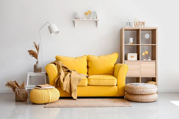 Interior Light Living Room Stylish Yellow Sofa Soft Poufs — Stock Photo, Image