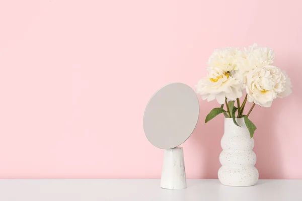 Vase White Peonies Mirror Dresser Pink Wall — Stock Photo, Image