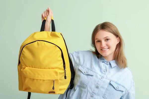 Female Student Backpack Green Background — Stock Photo, Image