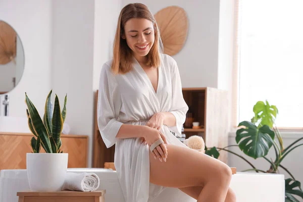 Young Woman Massaging Her Leg Cellulite Brush Bathroom — Stock Photo, Image
