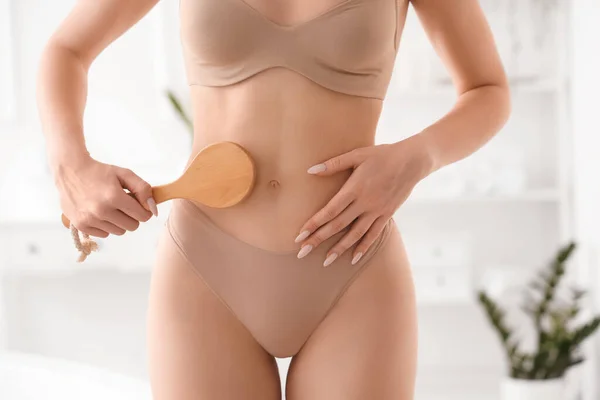 Young Woman Massaging Her Belly Cellulite Brush Bathroom Closeup — Stock Photo, Image