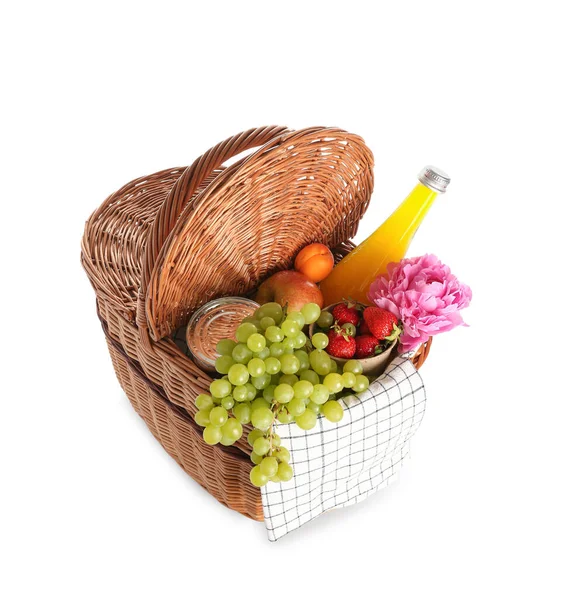 Wicker Basket Tasty Food Picnic Juice Peony Flower White Background — Stock Photo, Image