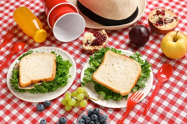Composition Hat Plastic Tableware Juice Sandwiches Picnic Fabric Background Closeup — Stock Photo, Image