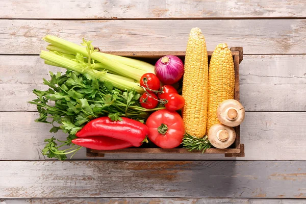 Box Fresh Ripe Vegetables Light Wooden Background — Stock Photo, Image