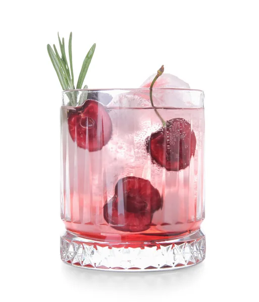 Glass Tasty Cherry Lemonade Rosemary White Background — Stock Photo, Image