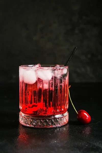 Glass Tasty Cherry Lemonade Black Background — Stock Photo, Image