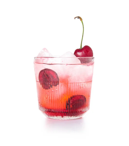 Glas Smakelijke Cherry Limonade Witte Achtergrond — Stockfoto