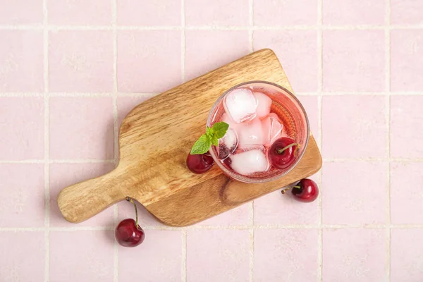 Wooden Board Glass Tasty Cherry Lemonade Mint Pink Tile Table — Stock Photo, Image