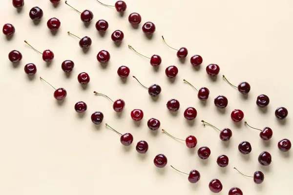 Many Sweet Cherries Beige Background — Stock Photo, Image