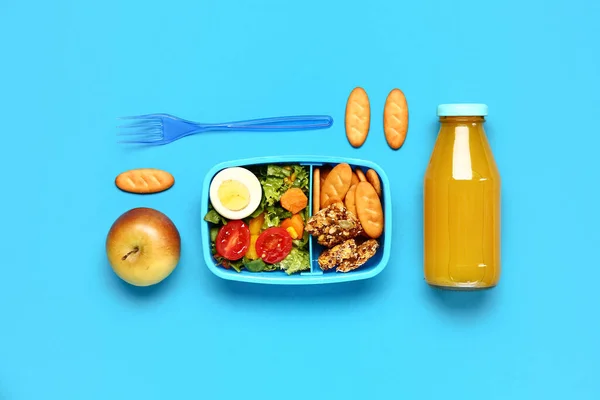 Bottle Juice Lunchbox Tasty Food Blue Background — Stock Photo, Image