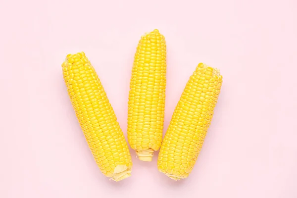 Friss Kukorica Cobs Rózsaszín Háttér — Stock Fotó