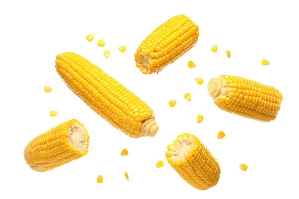 stock image Fresh corn cobs and seeds on white background