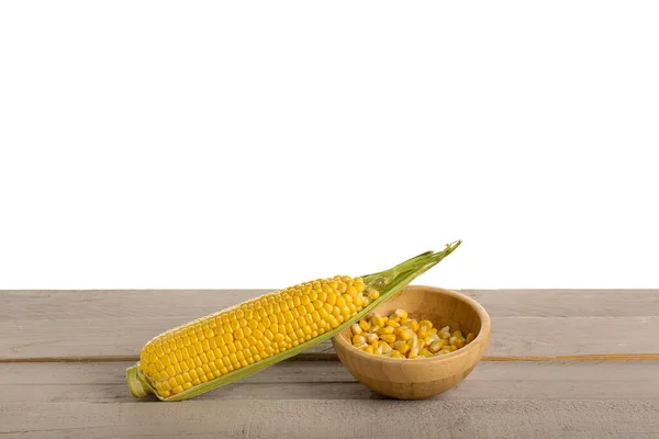Fresh Corn Cob Bowl Seeds Grey Wooden Table White Background — Stock Photo, Image