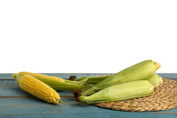 Fresh Corn Cobs Blue Wooden Table White Background — Stock Photo, Image