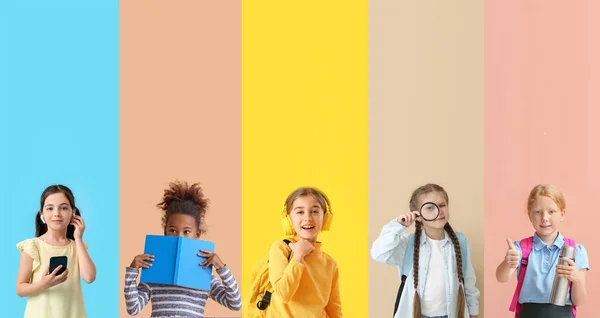 Σετ Από Πολλά Μικρά Κορίτσια Του Σχολείου Στο Φόντο Χρώμα — Φωτογραφία Αρχείου