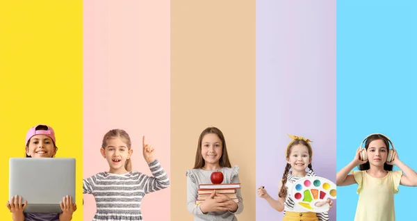 Σετ Από Πολλά Μικρά Κορίτσια Του Σχολείου Στο Φόντο Χρώμα — Φωτογραφία Αρχείου