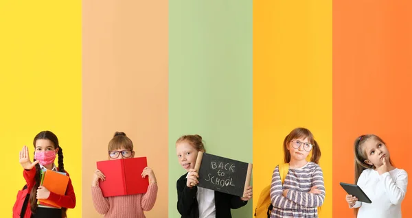 Zestaw Wielu Małych Uczennic Tle Koloru — Zdjęcie stockowe