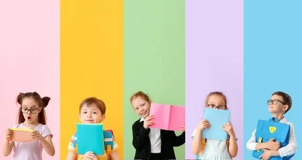 Set Van Schattige Kleine Studenten Kleur Achtergrond — Stockfoto