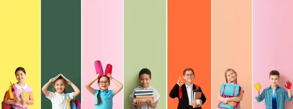 Zestaw Różnych Małych Uczniów Tle Koloru — Zdjęcie stockowe