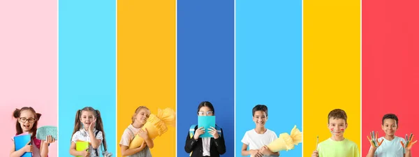 Set Many Little Students Color Background — Stock Photo, Image