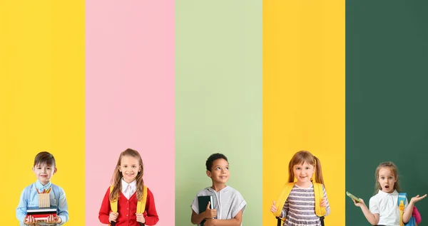 Zestaw Wielu Małych Uczniów Tle Kolorów — Zdjęcie stockowe