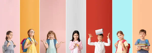色の背景に多くの学童のセット — ストック写真